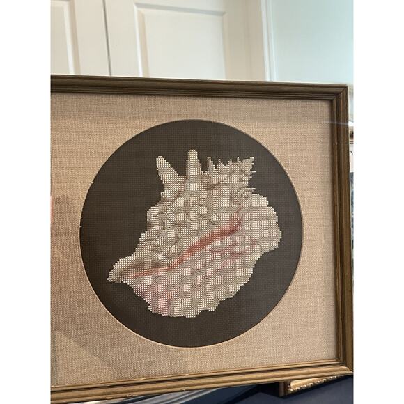 Conch Seashell Cross Stitch Framed Artwork Brown and Cream Wood Framed Beach - Picture 4 of 7